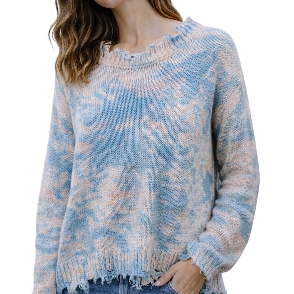 Versona Tie Dye Sweater Womens Small Blue‎ Peach Distressed Knit Pullover